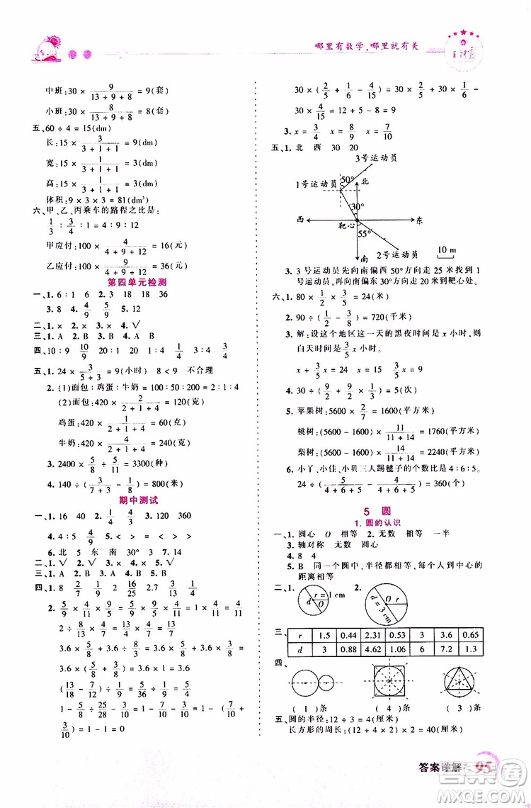 2019秋王朝霞創(chuàng)維新課堂小學六年級上冊數(shù)學RJ人教版參考答案