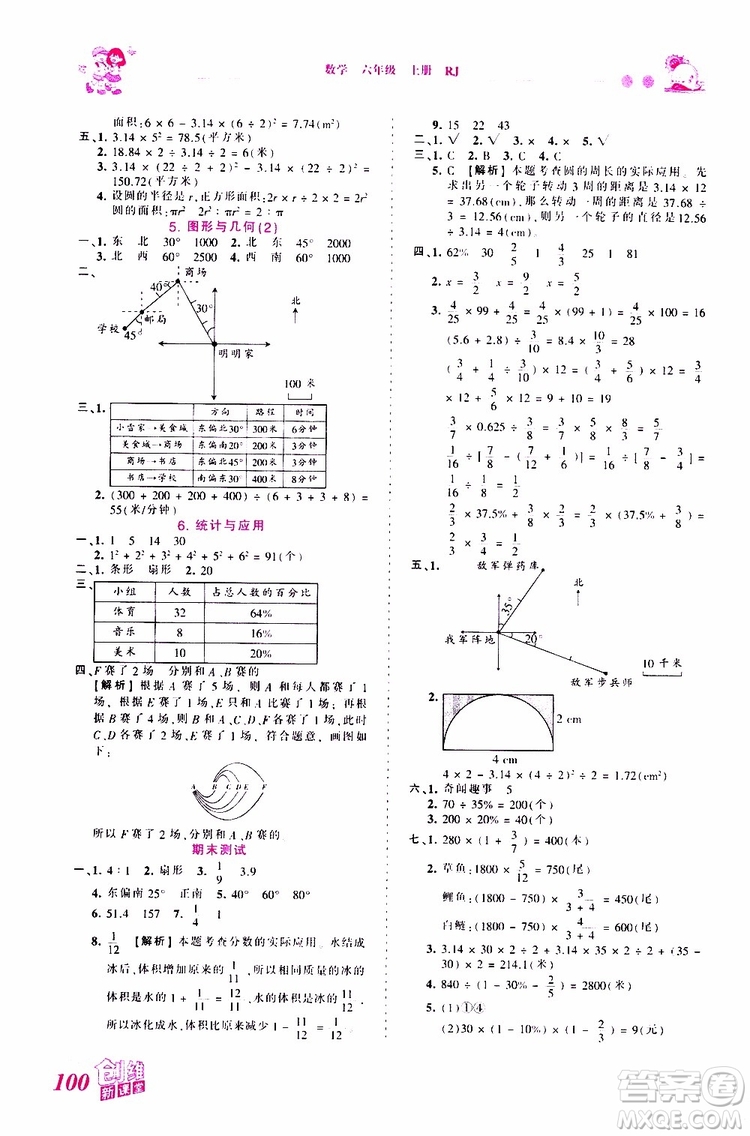2019秋王朝霞創(chuàng)維新課堂小學六年級上冊數(shù)學RJ人教版參考答案