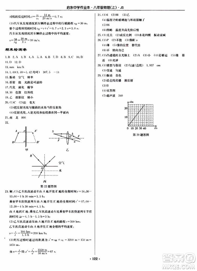 龍門書局2019秋啟東中學(xué)作業(yè)本八年級(jí)上冊(cè)物理JS江蘇版參考答案