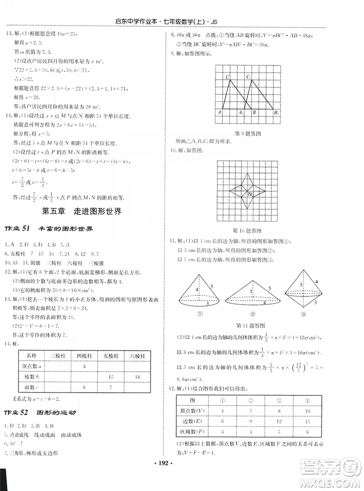 龍門(mén)書(shū)局2019啟東中學(xué)作業(yè)本7年級(jí)數(shù)學(xué)上冊(cè)江蘇JS版答案