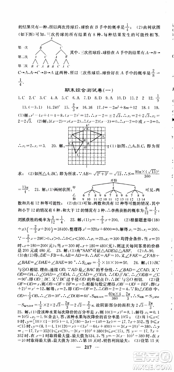 四川大學(xué)出版社2019年課堂點(diǎn)睛數(shù)學(xué)九年級(jí)上冊(cè)人教版參考答案