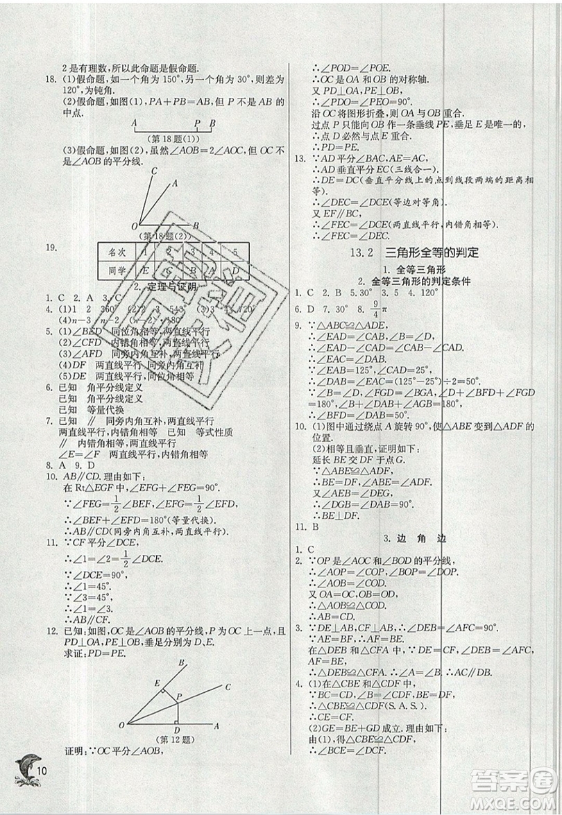 江蘇人民出版社春雨教育2019秋實(shí)驗(yàn)班提優(yōu)訓(xùn)練八年級(jí)數(shù)學(xué)上冊(cè)HSD華師大版參考答案
