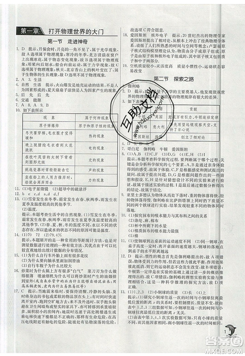 江蘇人民出版社春雨教育2019秋實驗班提優(yōu)訓(xùn)練八年級物理上冊SHKJ滬科版參考答案