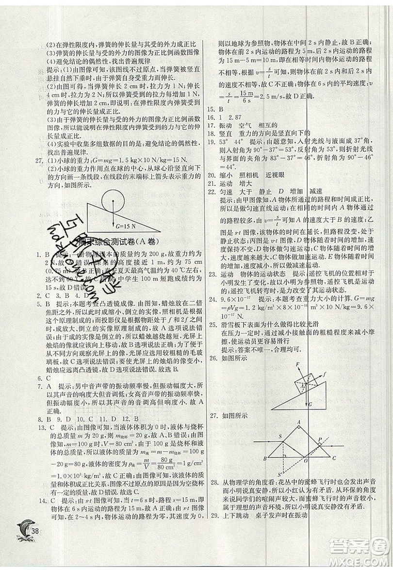 江蘇人民出版社春雨教育2019秋實驗班提優(yōu)訓(xùn)練八年級物理上冊SHKJ滬科版參考答案