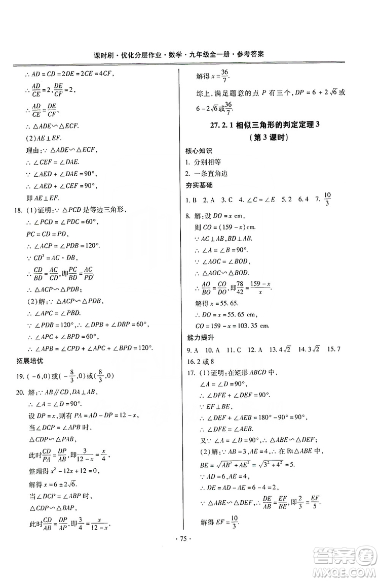 馳逐文化2019課時(shí)刷優(yōu)化分層作業(yè)九年級數(shù)學(xué)全一冊答案