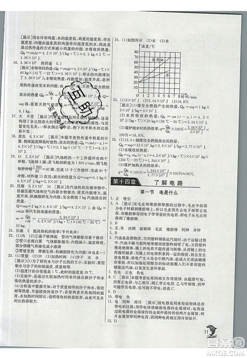 春雨教育2019秋實驗班提優(yōu)訓(xùn)練九年級物理上冊SHKJ滬科版參考答案