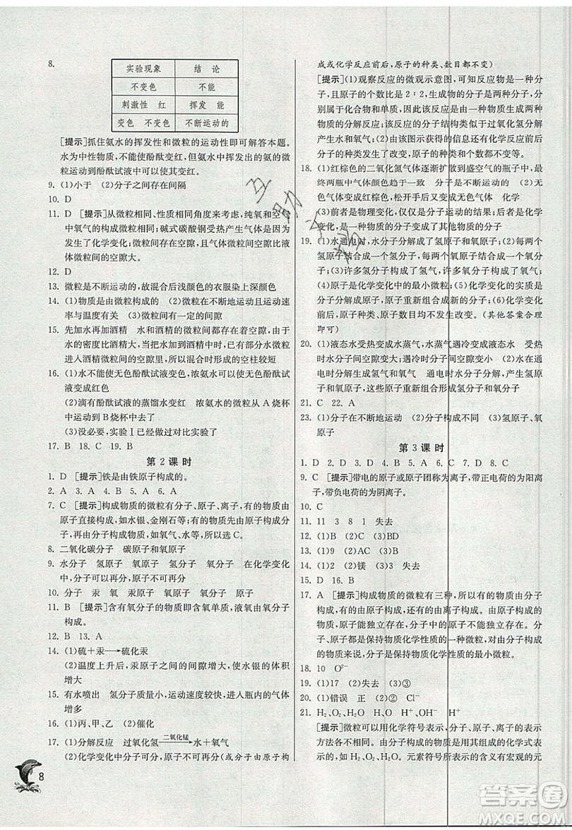 春雨教育2019秋實驗班提優(yōu)訓練九年級化學上冊SHJY滬教版參考答案