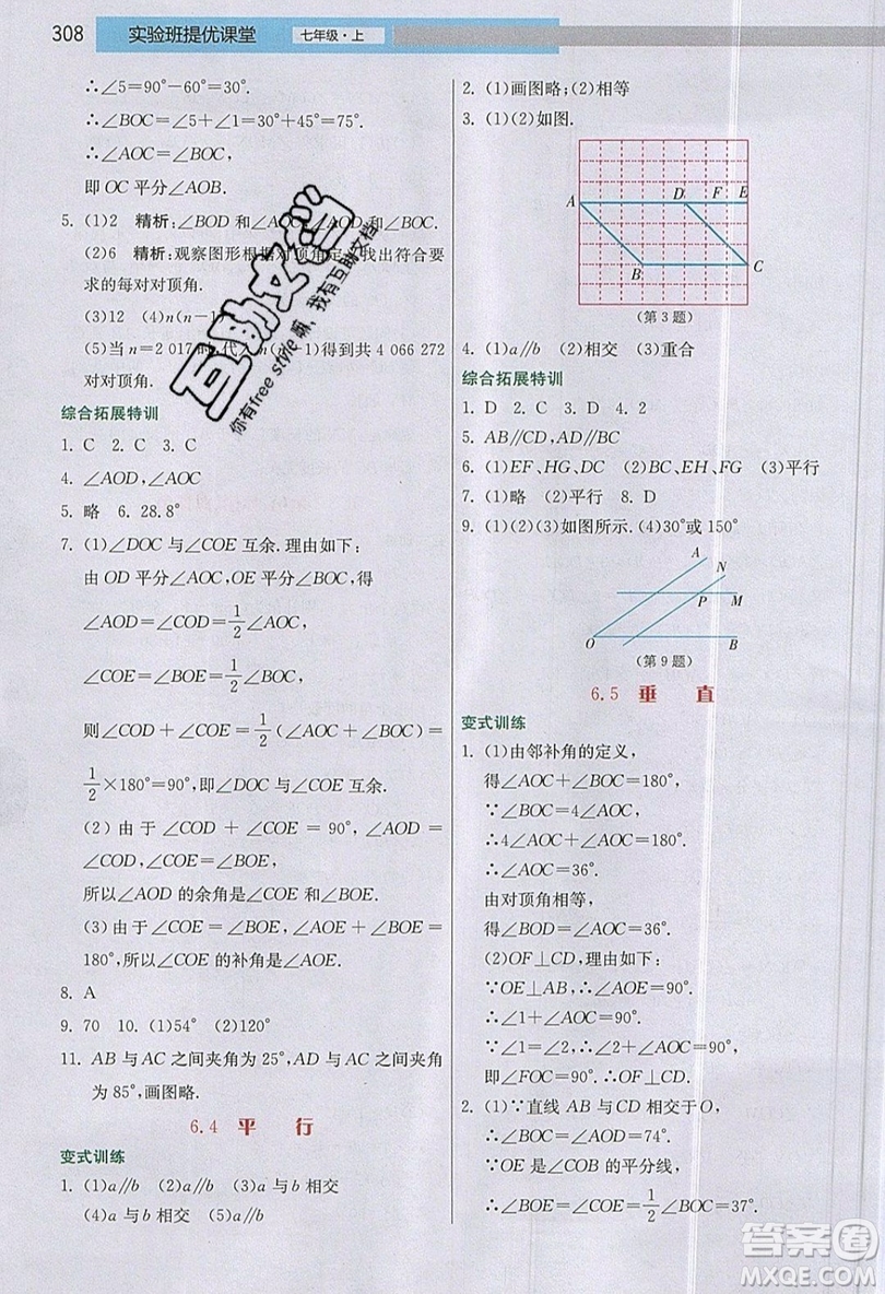 江蘇人民出版社2019春雨教育實驗班提優(yōu)課堂數(shù)學七年級上冊JSJY蘇科版參考答案