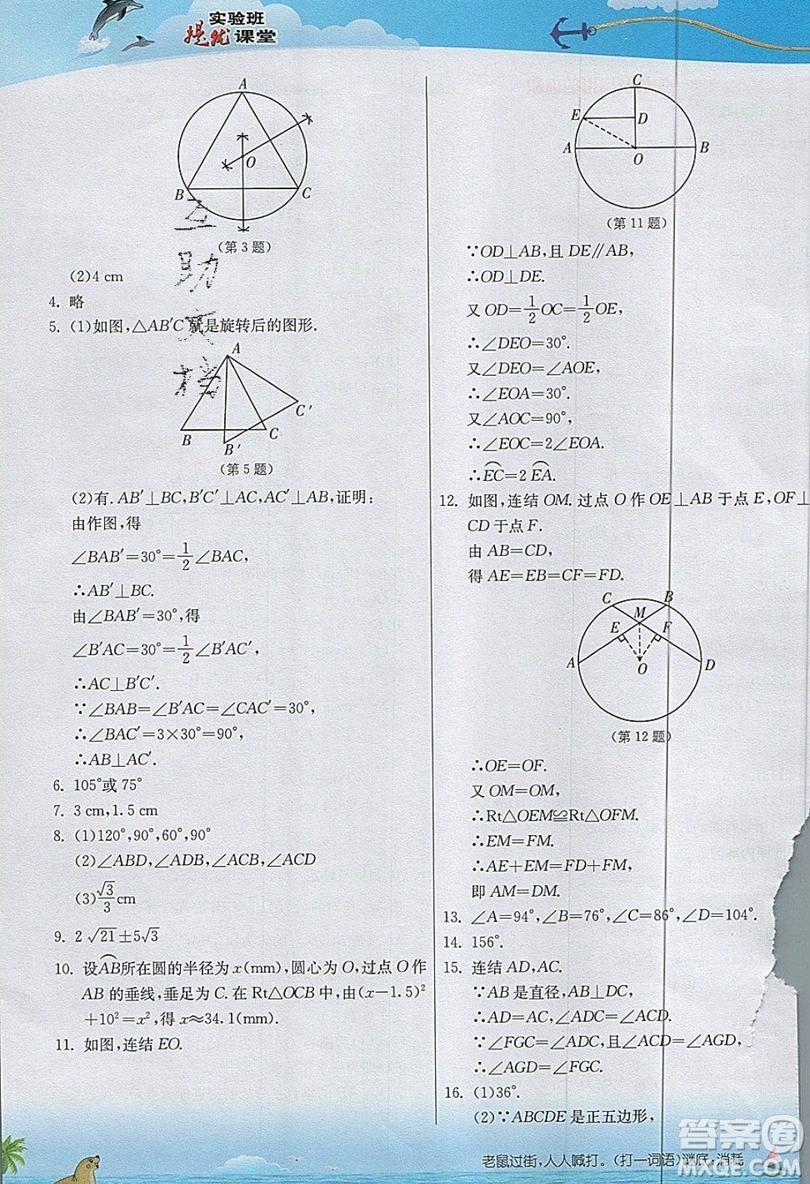 江蘇人民出版社2019春雨教育實驗班提優(yōu)課堂數(shù)學(xué)九年級上冊ZJJY浙教版參考答案