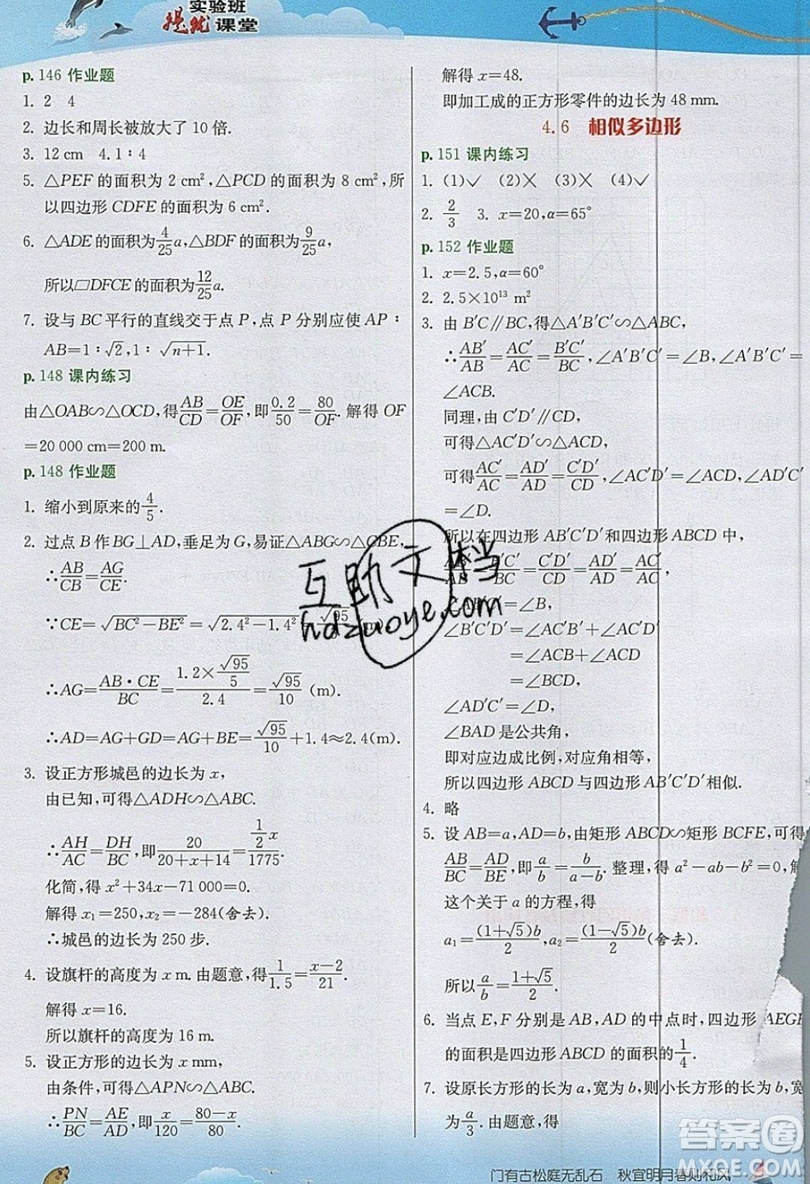 江蘇人民出版社2019春雨教育實驗班提優(yōu)課堂數(shù)學(xué)九年級上冊ZJJY浙教版參考答案