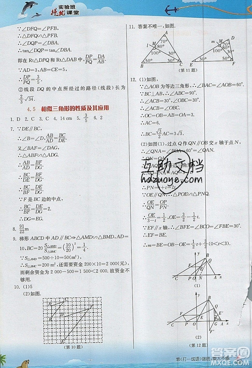 江蘇人民出版社2019春雨教育實驗班提優(yōu)課堂數(shù)學(xué)九年級上冊ZJJY浙教版參考答案