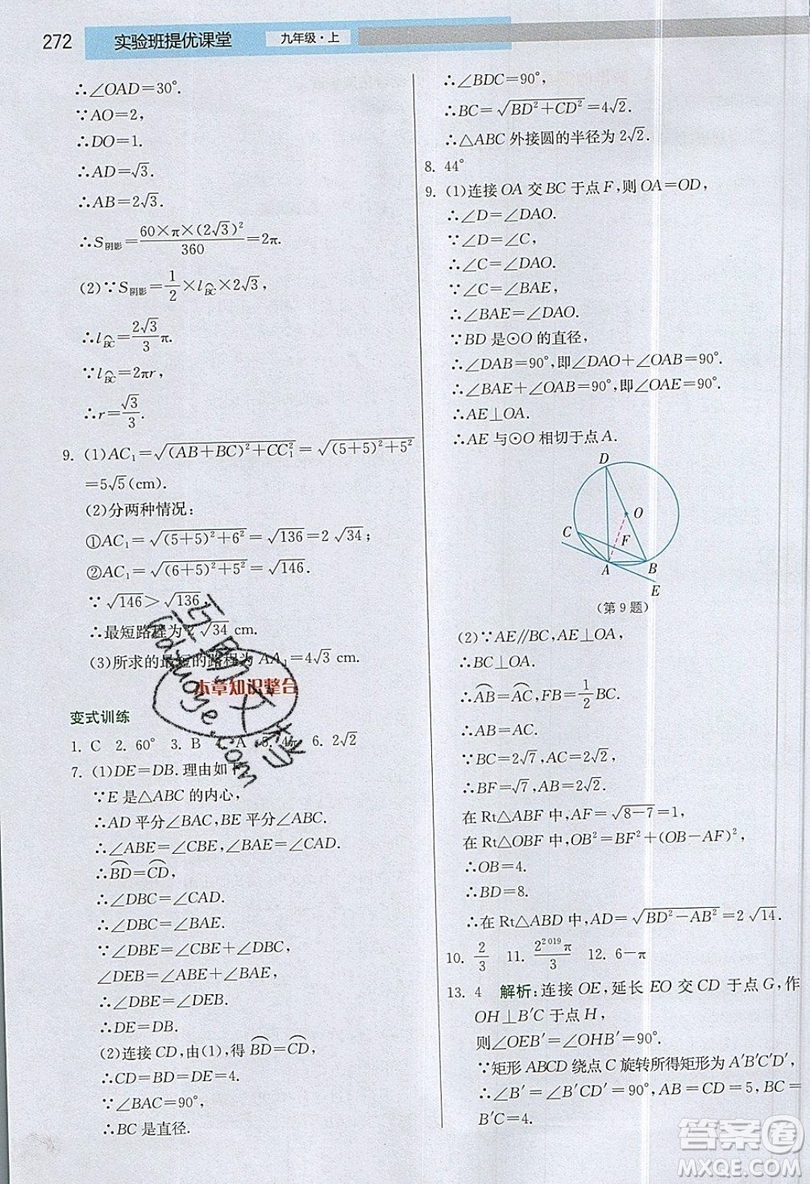 江蘇人民出版社2019春雨教育實(shí)驗(yàn)班提優(yōu)課堂數(shù)學(xué)九年級上冊JSKJ蘇科版參考答案