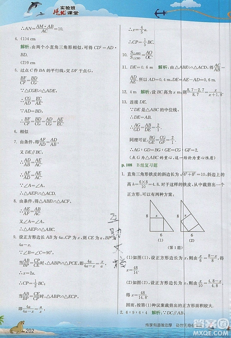 江蘇人民出版社2019春雨教育實(shí)驗(yàn)班提優(yōu)課堂數(shù)學(xué)九年級(jí)上冊(cè)SHKJ滬科版參考答案