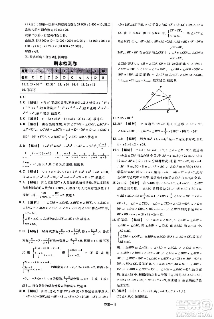 2020版一遍過單元綜合能力檢測卷八年級上冊數(shù)學(xué)RJ人教版參考答案