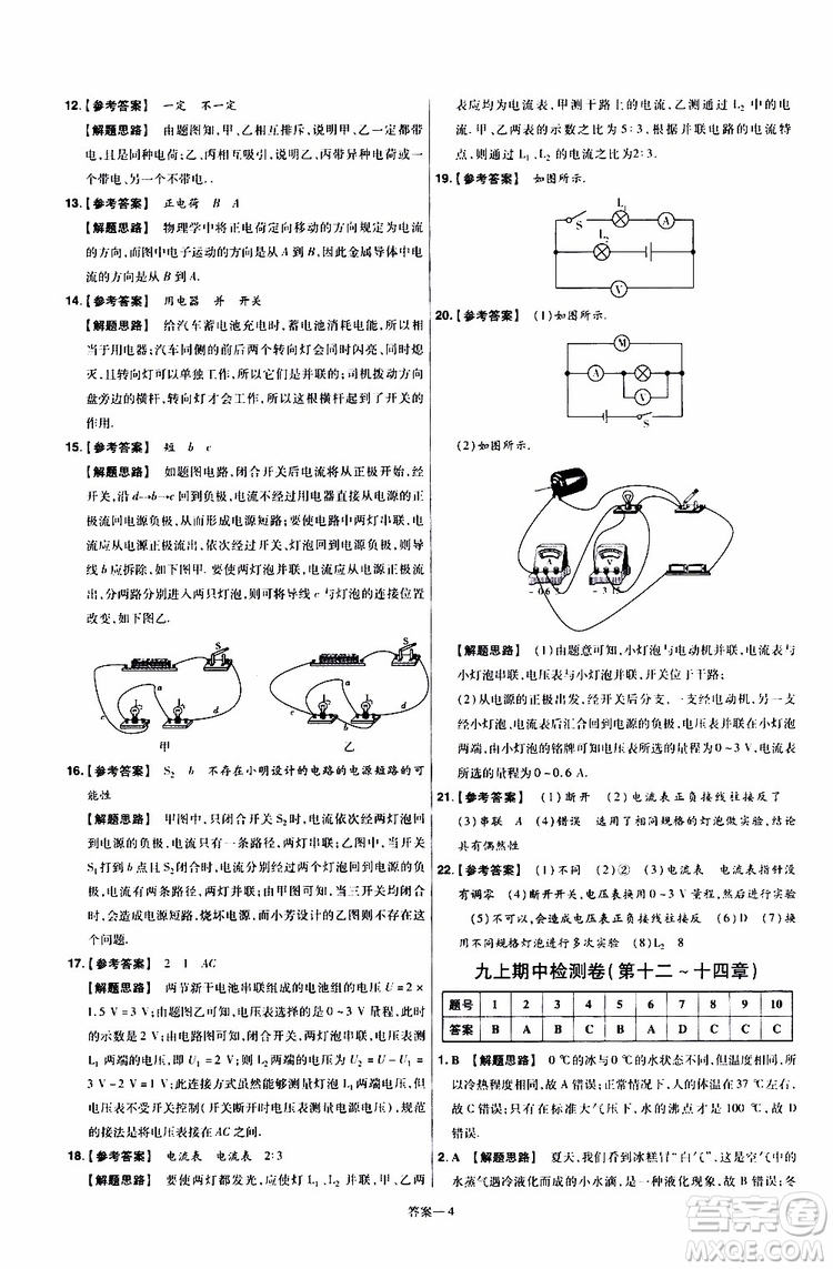 2020版一遍過單元綜合能力檢測卷九年級全一冊物理HK滬科版參考答案
