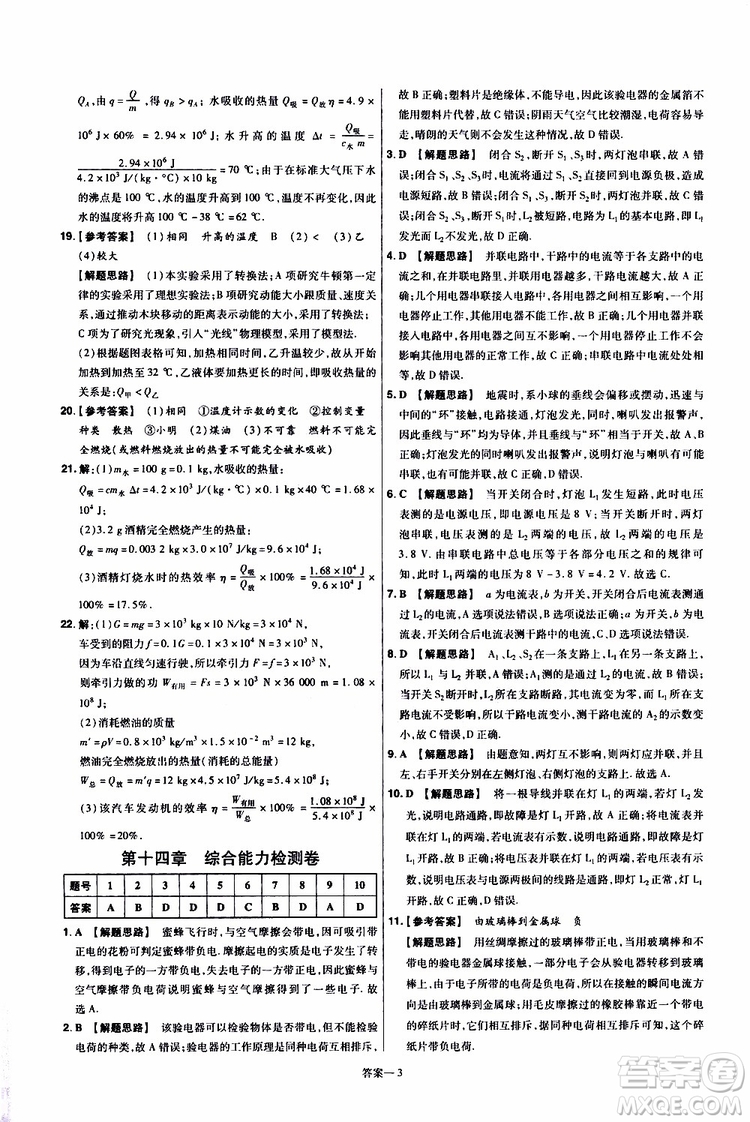2020版一遍過單元綜合能力檢測卷九年級全一冊物理HK滬科版參考答案