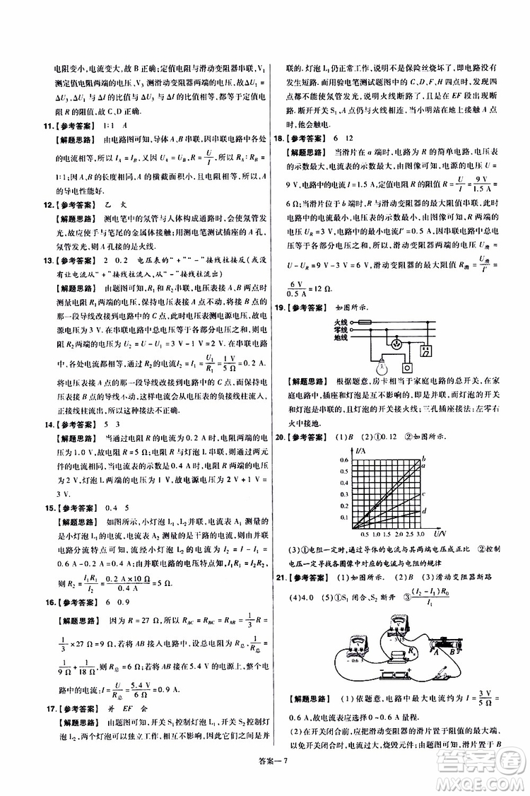 2020版一遍過單元綜合能力檢測卷九年級全一冊物理HK滬科版參考答案