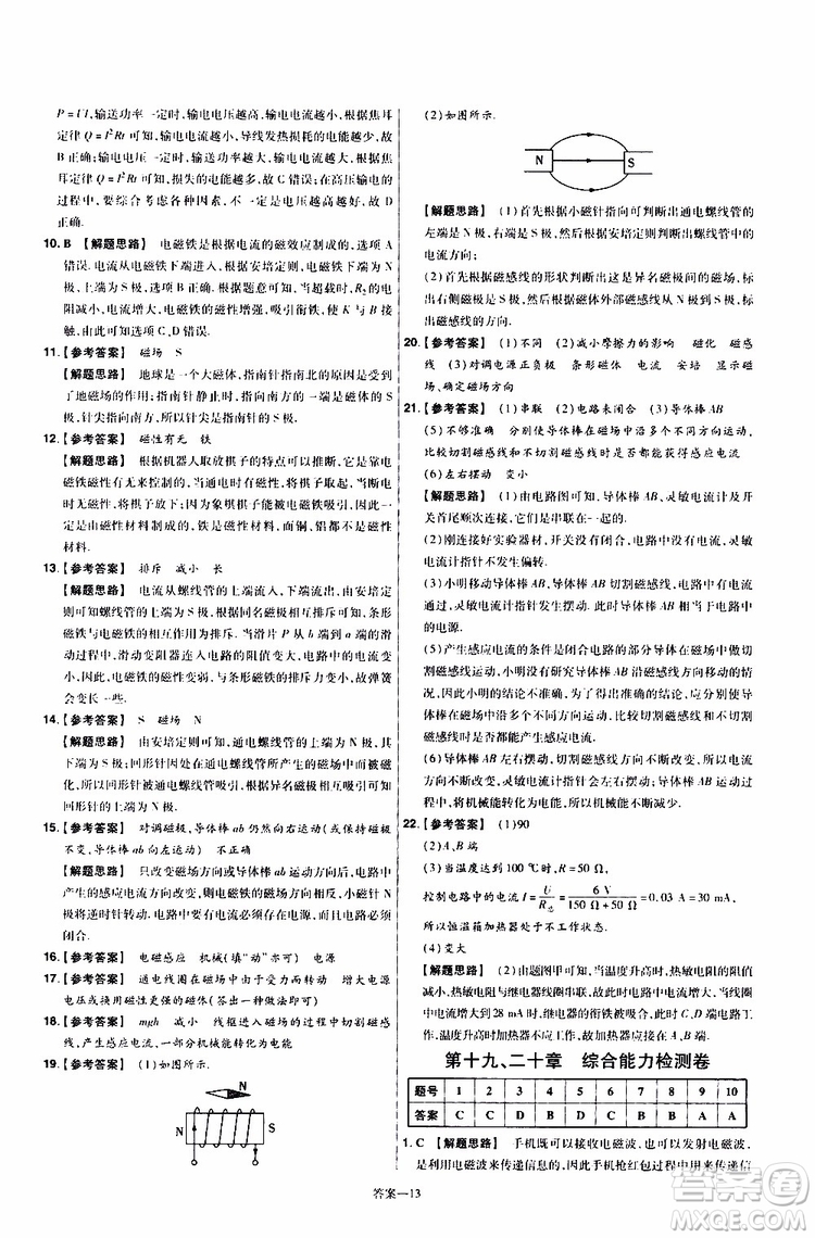 2020版一遍過單元綜合能力檢測卷九年級全一冊物理HK滬科版參考答案