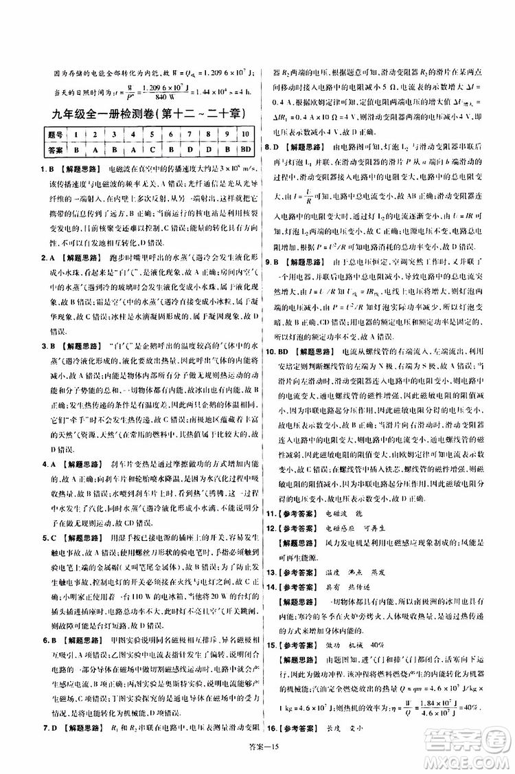 2020版一遍過單元綜合能力檢測卷九年級全一冊物理HK滬科版參考答案