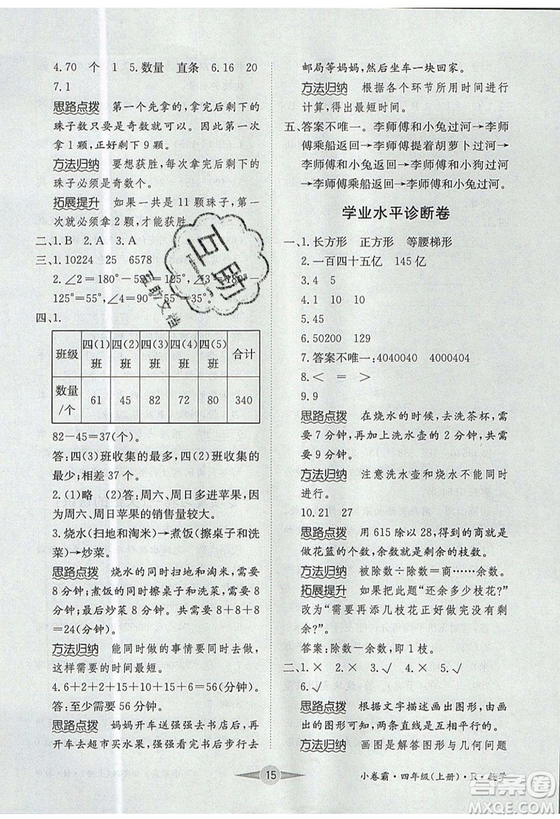 江西高校出版社2019金喵教育小卷霸四年級(jí)上冊(cè)數(shù)學(xué)參考答案