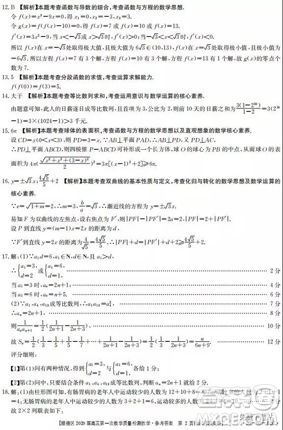 2020屆佛山市順德區(qū)高三第一次教學質量檢測文數(shù)試題答案