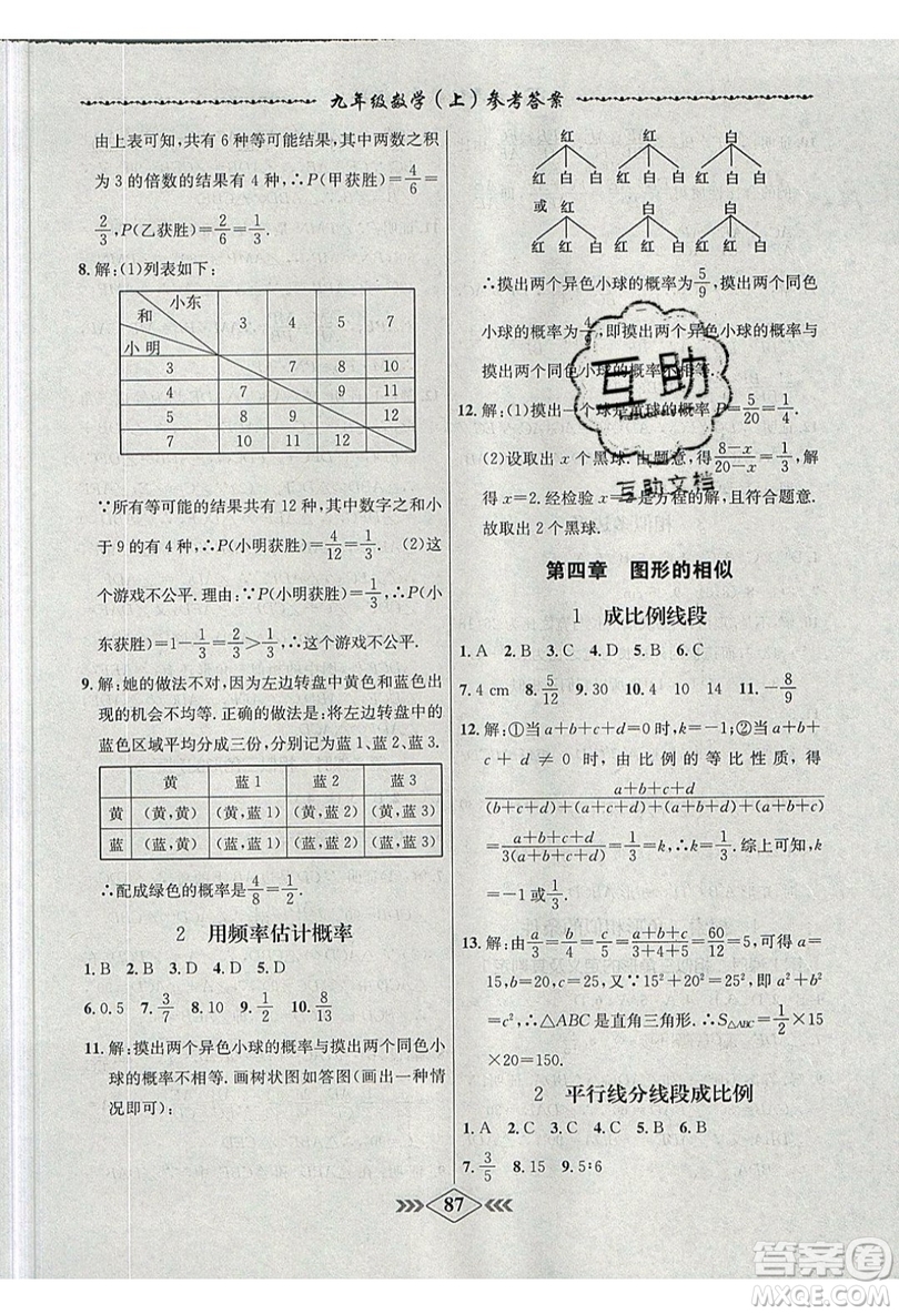 2019學霸刷題王8分鐘小考卷小考必刷題九年級數(shù)學上冊BS北師大版參考答案