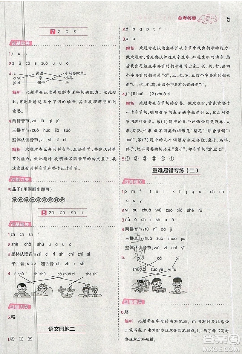 南京師范大學(xué)出版社天星教育2019一遍過小學(xué)語文一年級(jí)上冊(cè)人教RJ版參考答案