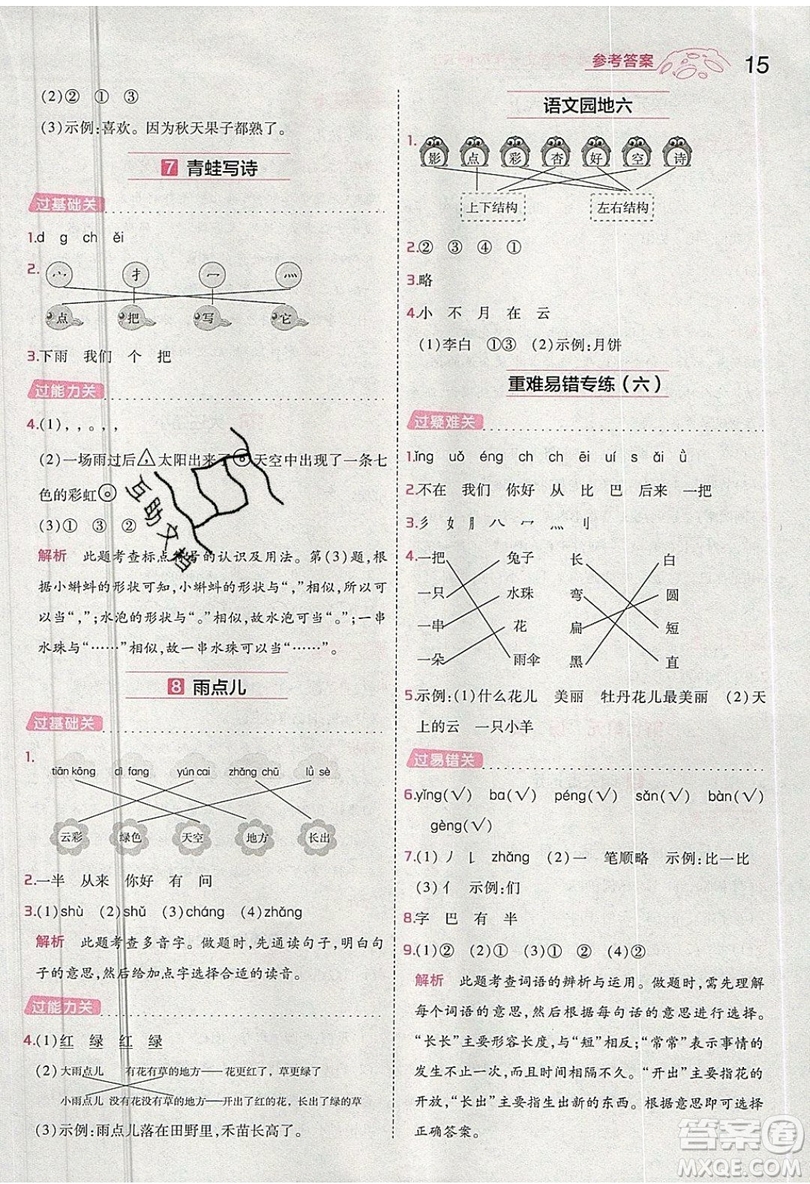 南京師范大學(xué)出版社天星教育2019一遍過小學(xué)語文一年級(jí)上冊(cè)人教RJ版參考答案