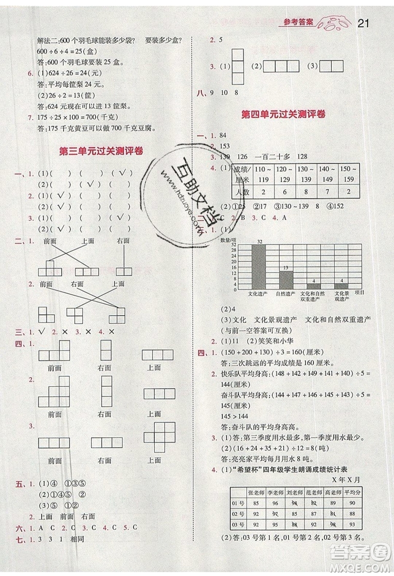 南京師范大學(xué)出版社天星教育2019一遍過小學(xué)數(shù)學(xué)四年級上冊蘇教SJ版參考答案