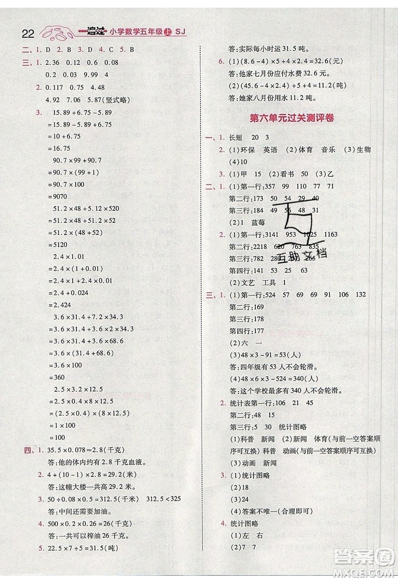南京師范大學出版社天星教育2019一遍過小學數(shù)學五年級上冊蘇教SJ版參考答案