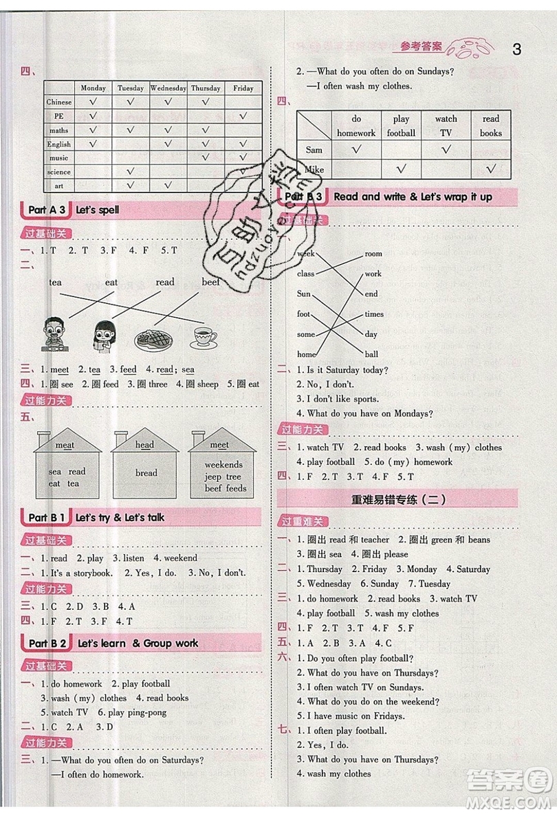 南京師范大學(xué)出版社天星教育2019一遍過小學(xué)英語五年級上冊人教RP版參考答案