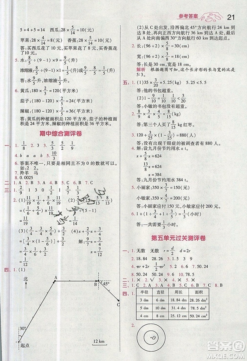 南京師范大學出版社天星教育2019一遍過小學數(shù)學六年級上冊人教RJ版參考答案