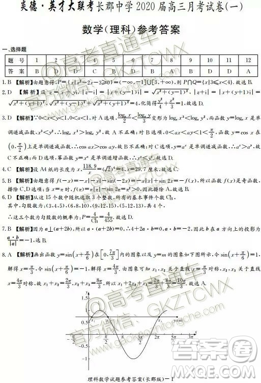 炎德英才大聯(lián)考長(zhǎng)郡中學(xué)2020屆高三月考試卷一理數(shù)試題及答案