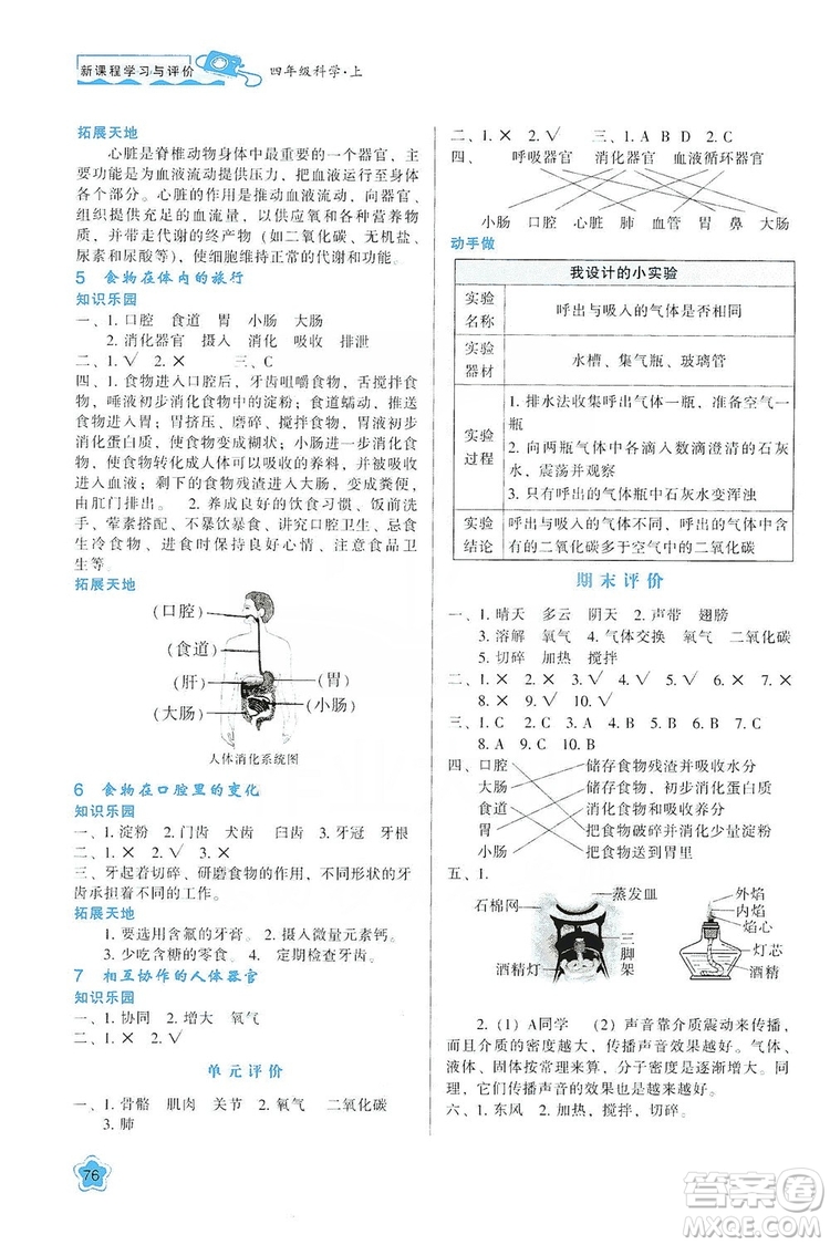 陜西人民教育出版社2019新課程學(xué)習(xí)與評價(jià)四年級科學(xué)上冊K版答案