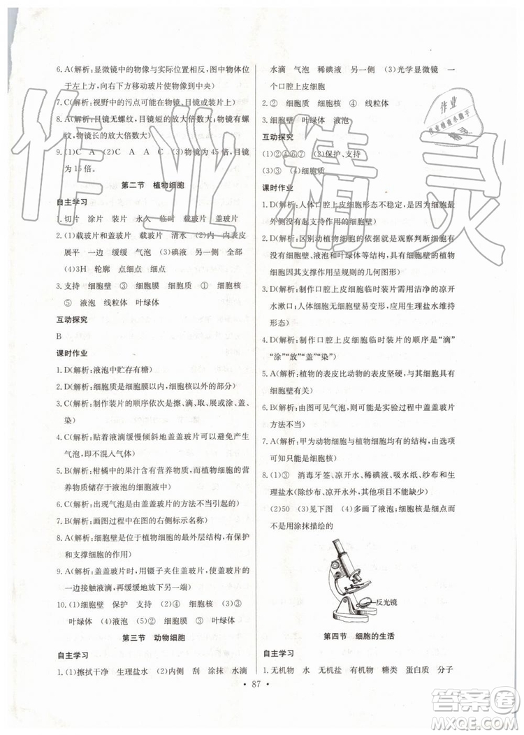 2019新長江全能學(xué)案初中七年級上冊生物學(xué)人教版同步練習(xí)冊答案