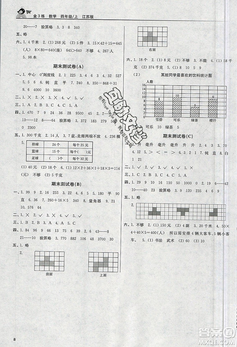 東南大學(xué)出版社2019新版金3練數(shù)學(xué)四年級上冊江蘇版參考答案