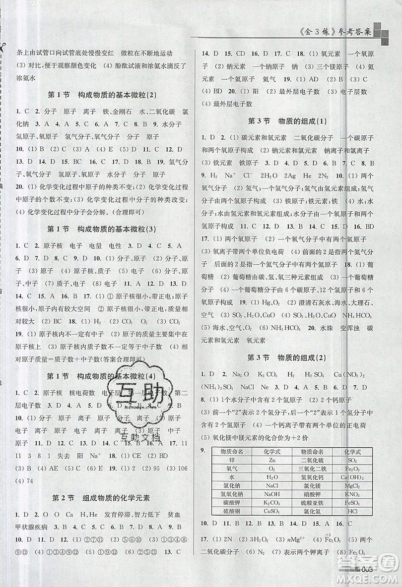 東南大學(xué)出版社2019新版金3練化學(xué)九年級(jí)上冊(cè)HK滬科版參考答案
