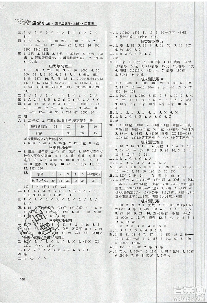 2019秋金3練課堂作業(yè)實驗提高訓(xùn)練數(shù)學(xué)四年級上冊新課標(biāo)江蘇版參考答案