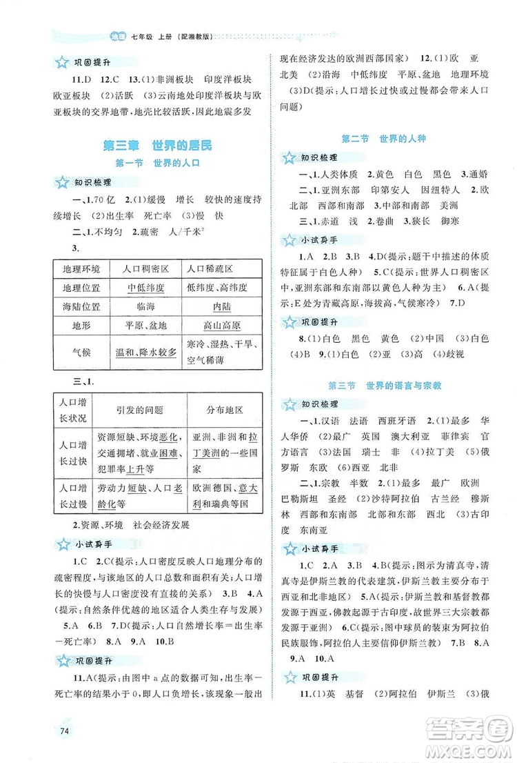 2019新課程學(xué)習(xí)與測(cè)評(píng)同步學(xué)習(xí)七年級(jí)地理上冊(cè)湘教版答案