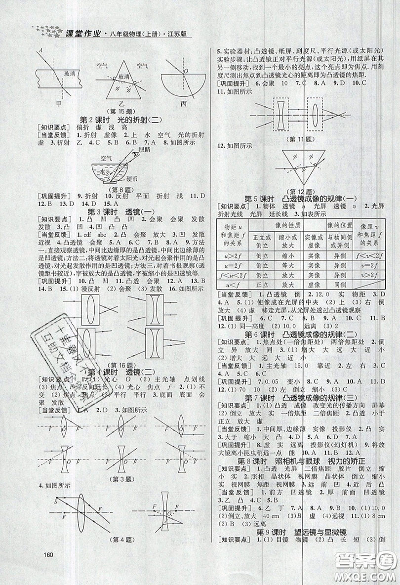 2019秋金3練課堂作業(yè)實(shí)驗(yàn)提高訓(xùn)練物理八年級上冊新課標(biāo)江蘇版參考答案
