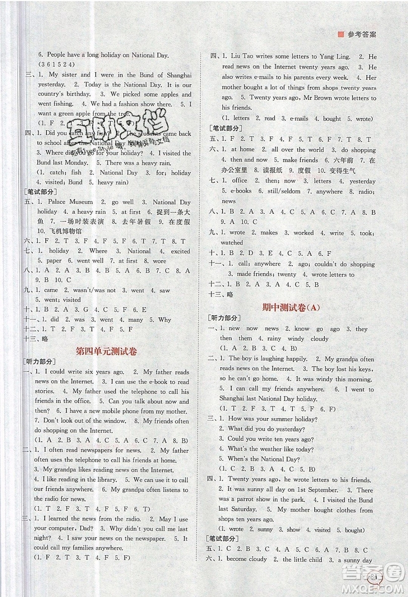江蘇鳳凰美術(shù)出版社2019課時金練英語六年級上6A江蘇版參考答案
