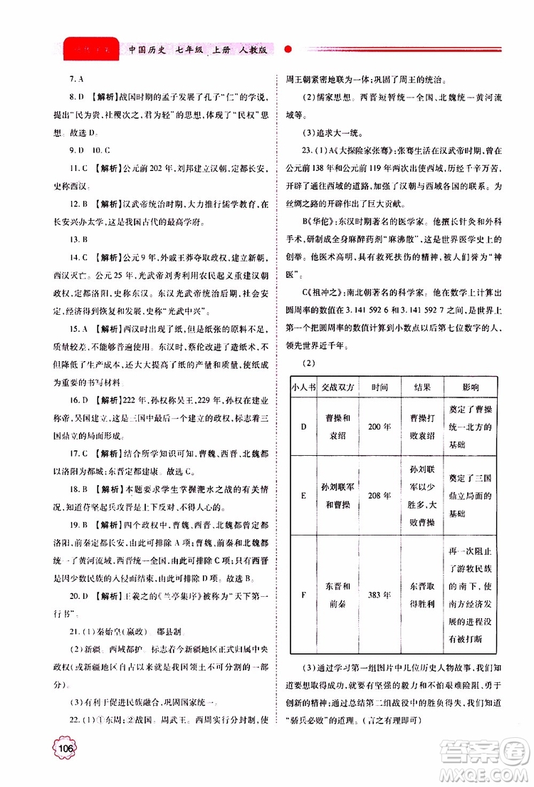 公告目錄教輔2019年績(jī)優(yōu)學(xué)案中國歷史七年級(jí)上冊(cè)人教版參考答案