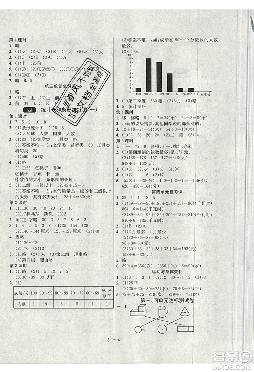 2019春雨教育1課3練單元達(dá)標(biāo)測(cè)試數(shù)學(xué)四年級(jí)上冊(cè)JSJY蘇教版參考答案