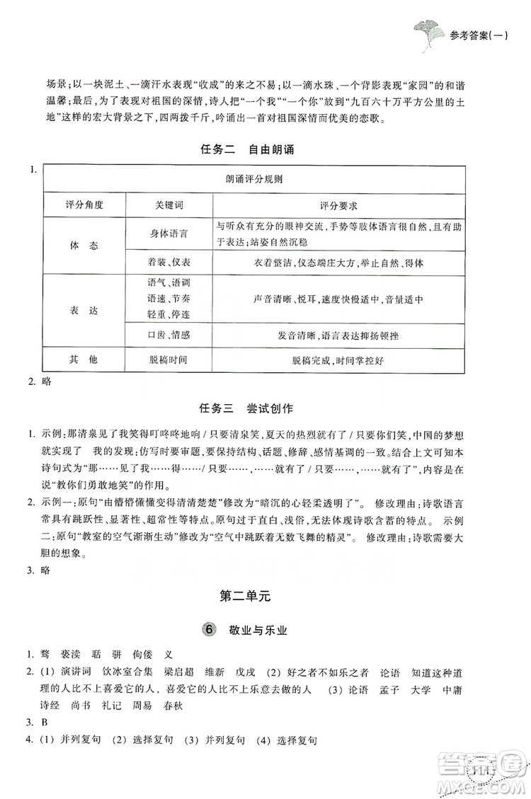 浙江教育出版社2019學(xué)習(xí)指導(dǎo)與評(píng)價(jià)九年級(jí)語文上冊(cè)答案