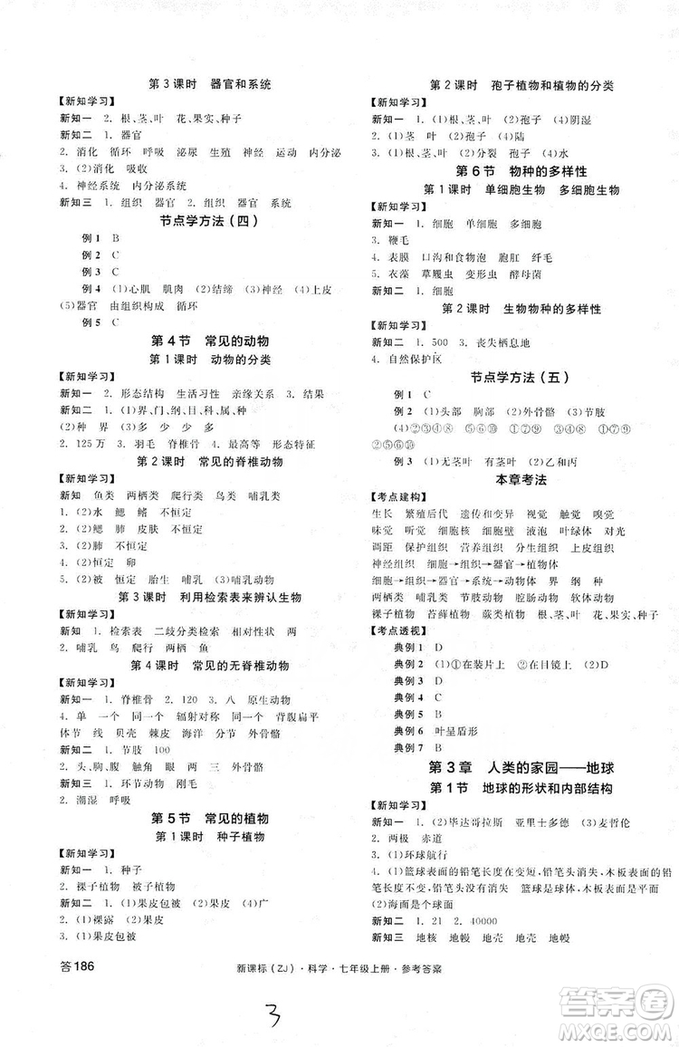 陽光出版社2019全品學(xué)練考學(xué)習(xí)手冊(cè)7年級(jí)上冊(cè)科學(xué)浙教版答案