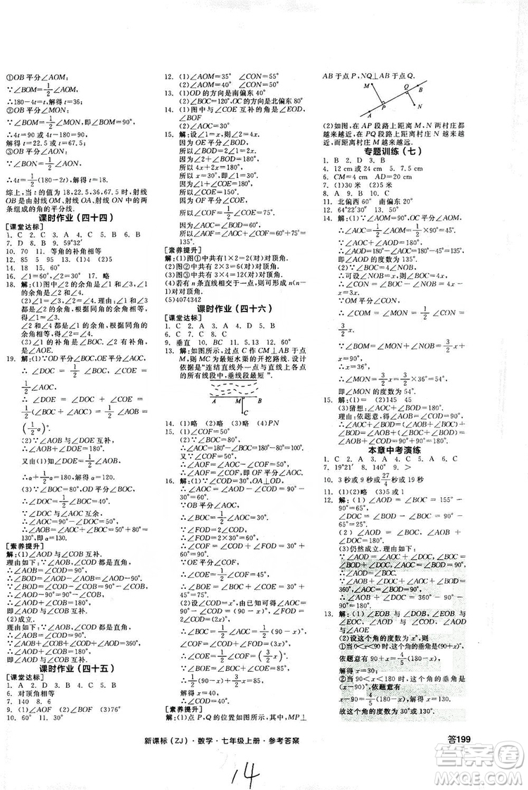陽光出版社2019全品學練考作業(yè)手冊7年級上冊數(shù)學浙教版答案