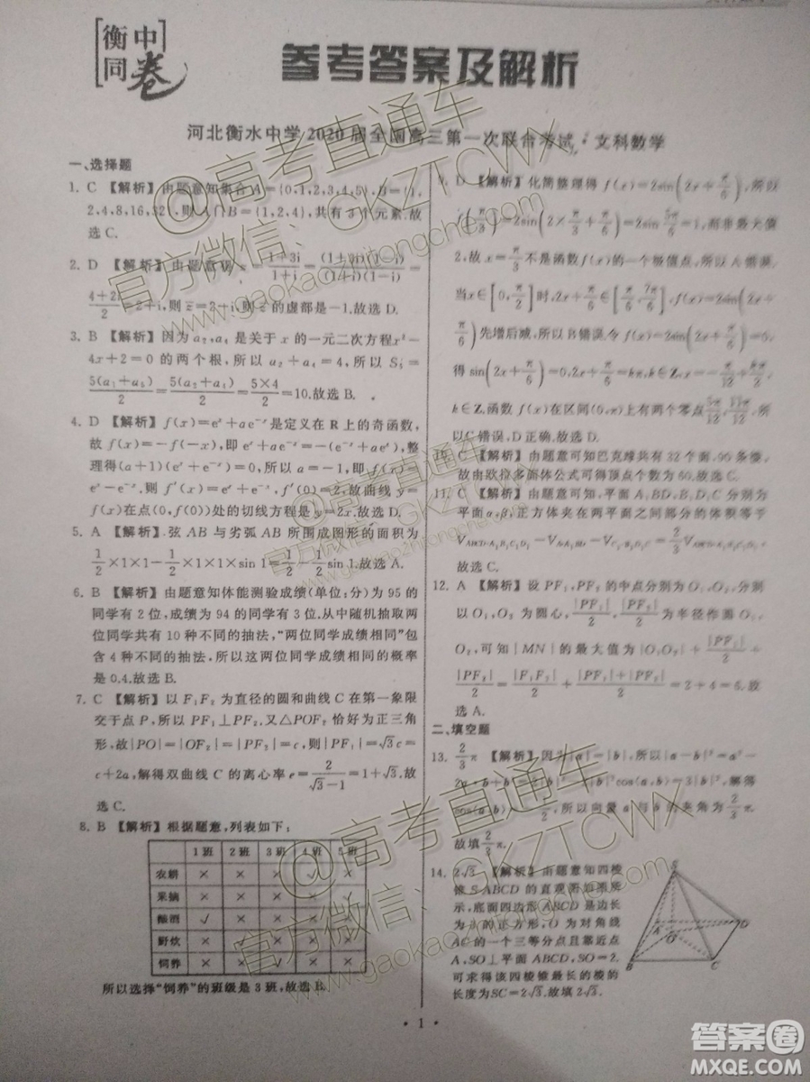 河北衡水中學2020屆全國高三第一次聯(lián)合考試文理數試題及參考答案
