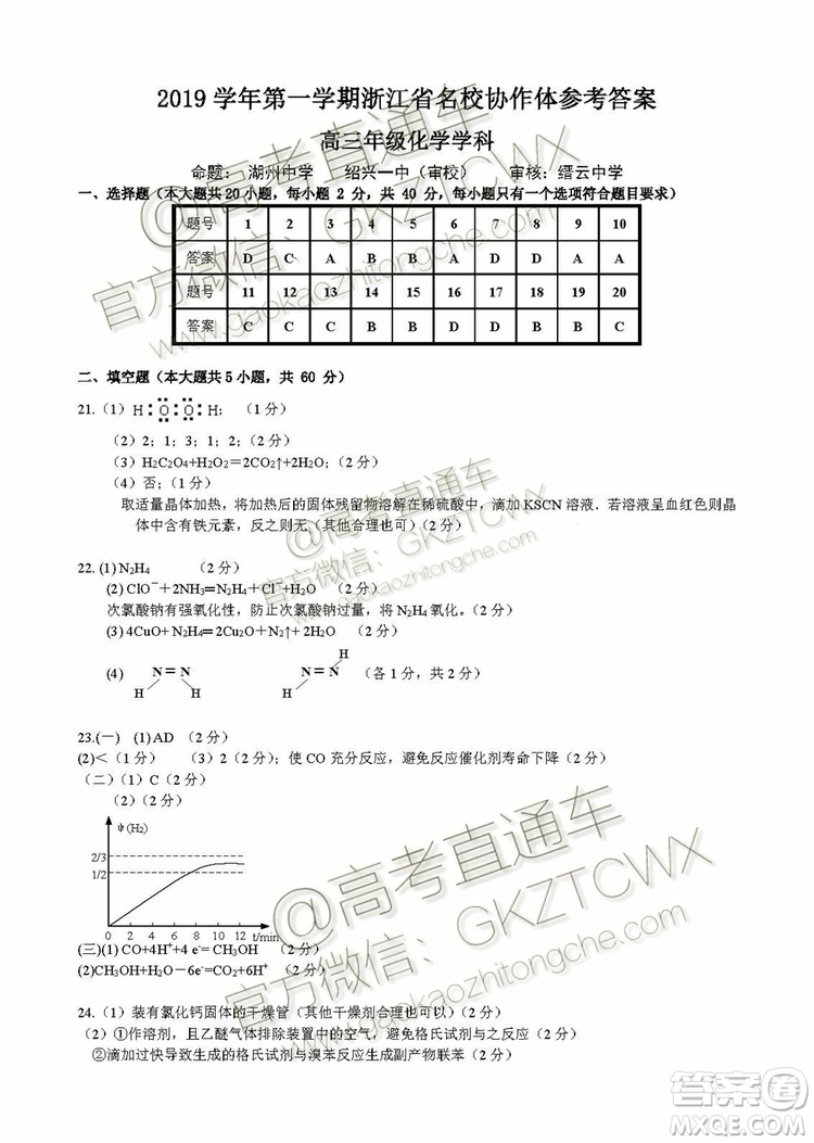 2020屆浙江名校協(xié)作體高三年級物理化學(xué)試題及答案