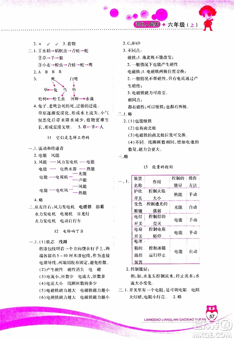 2019年新課標兩導兩練高效學案科學六年級上冊河北人民版參考答案