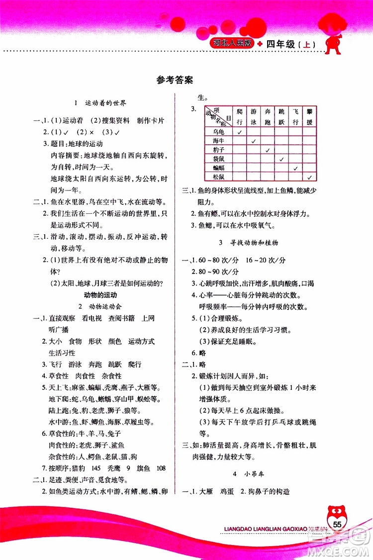 2019年新課標(biāo)兩導(dǎo)兩練高效學(xué)案科學(xué)四年級上冊河北人民版參考答案
